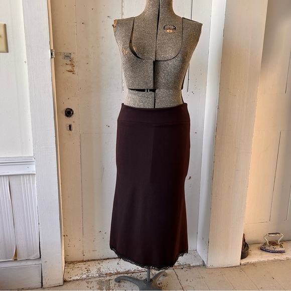 Gizel Brown Gored Midi Skirt Eyelash Lace Trim - Picture 2 of 10